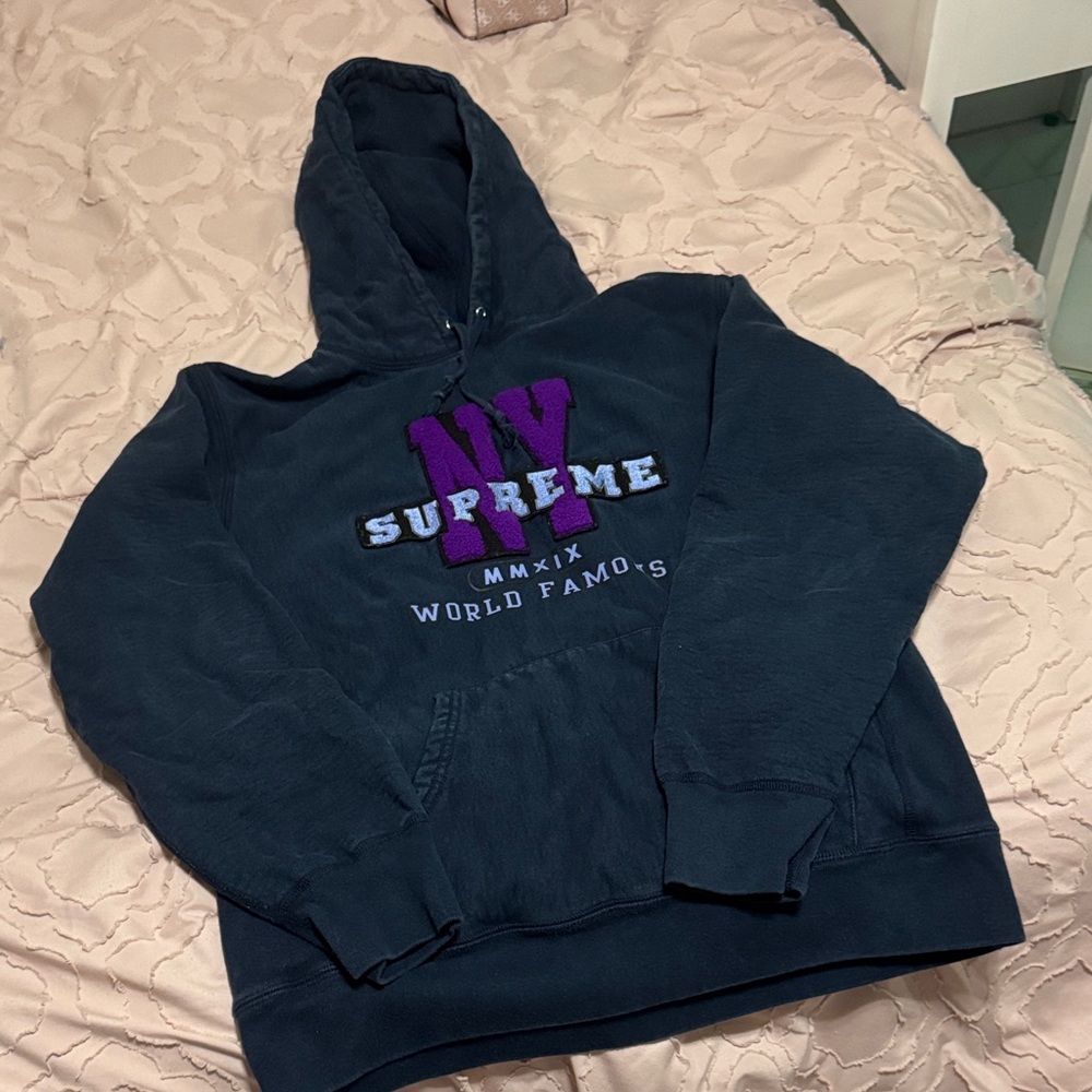 Supreme Navy Hoodie with Purple and White NY Logo